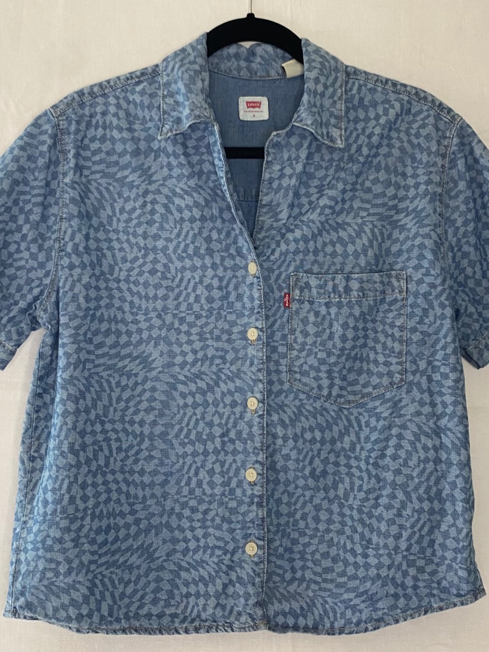 Levi's Women's Short Sleeve Cropped Shirt Denim Chambray Patterned Size Small